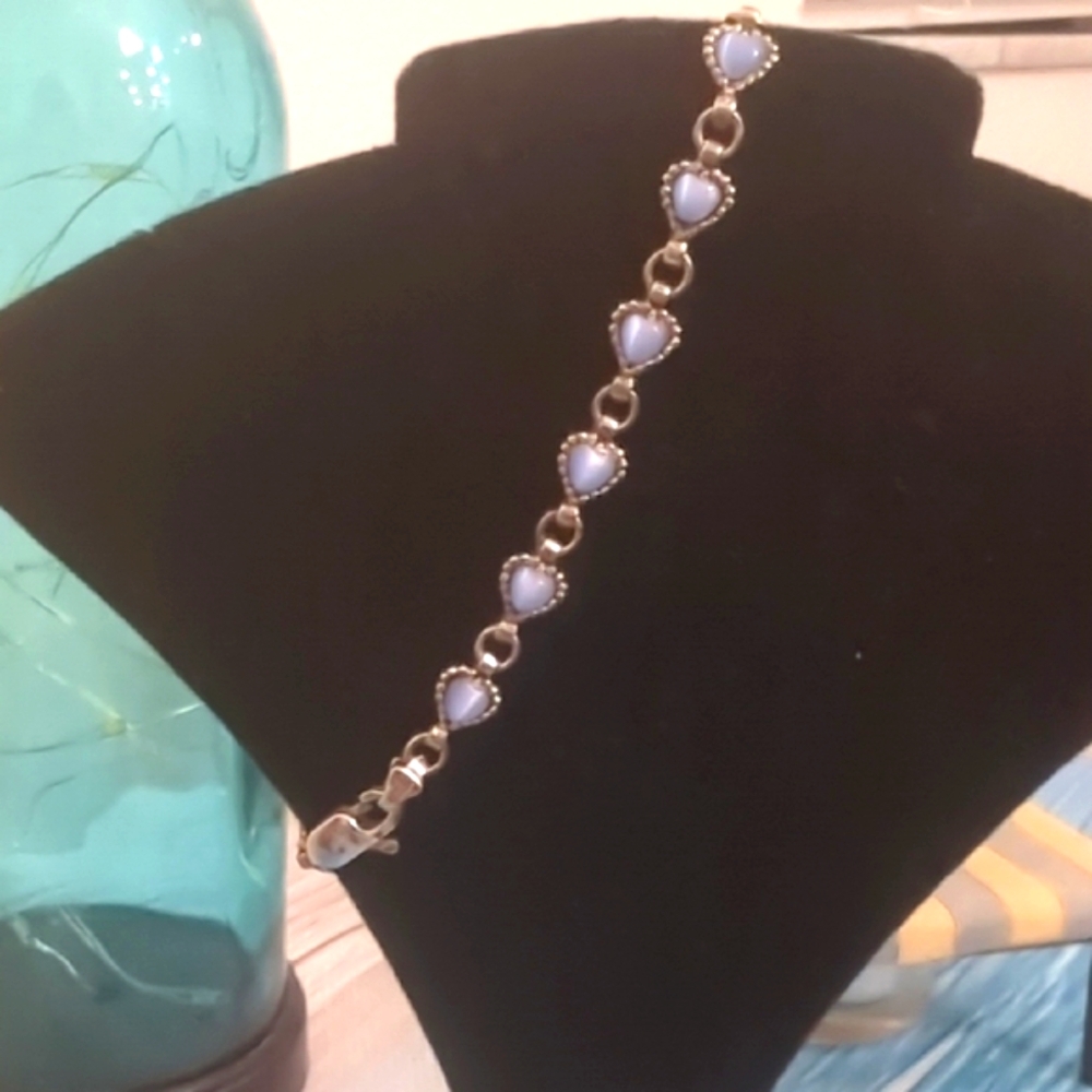 Vintage "DGS 925 Sterling Silver", Blue Heart Shaped Moonstone Carbocon Bracelet